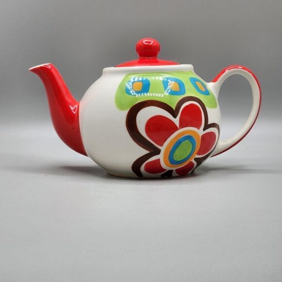 Hues N Brews Floral Teapot Red White Brown Retro 20 oz  MCM Color Coordinates - Picture 3 of 10
